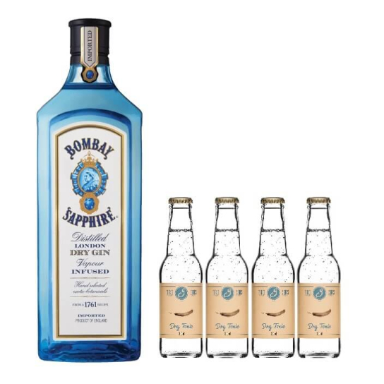 Пакет Bombay Sapphire 700ml + 4бр. Three Cents Dry Tonic 200ml - Джин - DrinkLink
