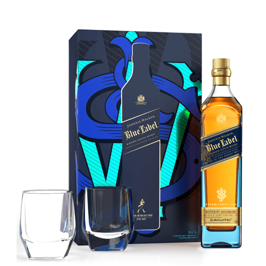 Johnnie Walker Blue Label with two glasses - бленд шотландско уиски 700ml - Шотландско уиски бленд - DrinkLink