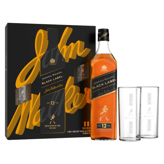 Johnnie Walker Black Label 12 YO с две високи чаши - бленд шотландско уиски 700ml - Шотландско уиски бленд - DrinkLink