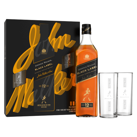 Johnnie Walker Black Label with two glasses - Шотландско уиски смесено - DrinkLink